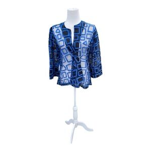 Parsley & Sage Blue and Black Square Pattern Overlay Sheer Top with Snap Closure